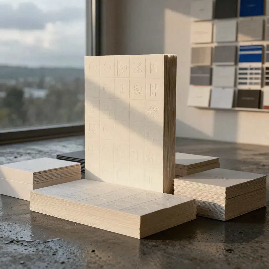 Dobbo Design studio reveal with cream boards, embossed tiles, mockups and cobalt accents.
