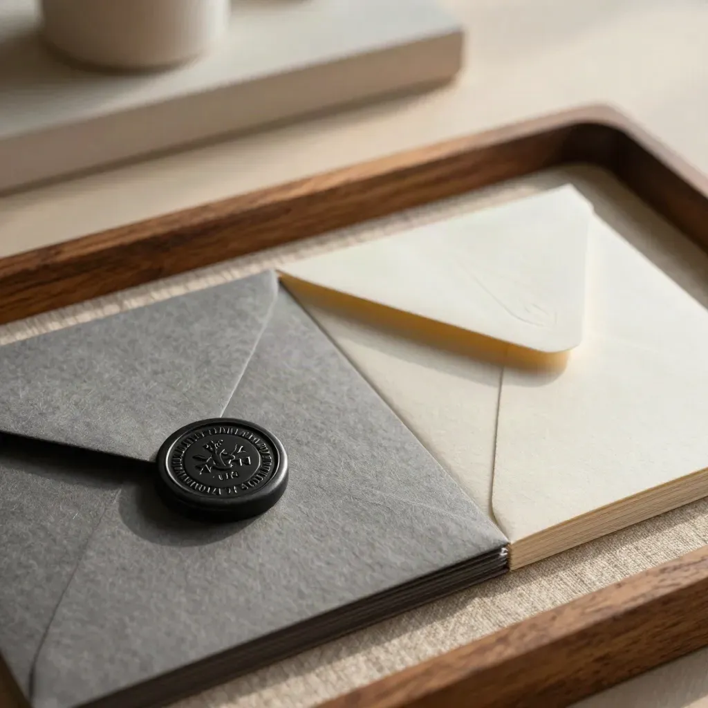 Embossed logo seal, debossed envelopes, and cream identity cards in warm studio light.