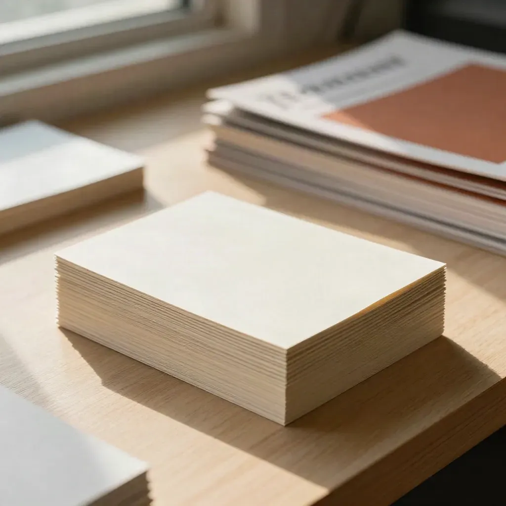 Sunlit stack of print collateral on a warm studio bench, with cards, flyers, inserts, and die-cut sheets.