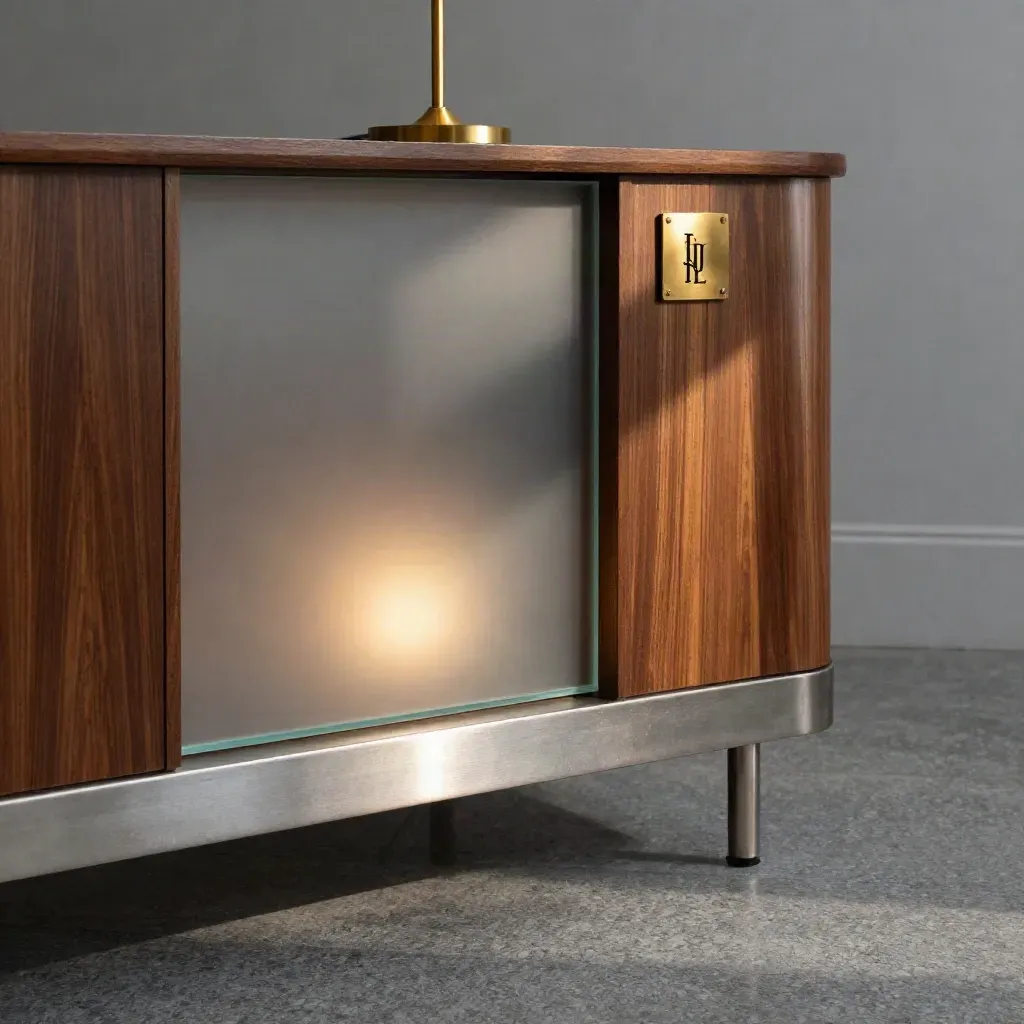 Walnut reception credenza, frosted glass, brass lamp, and turned plaque in a moody lobby corner.