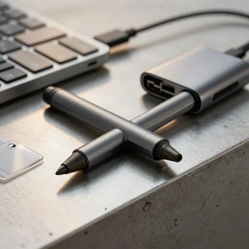 Macro still life of stylus, aluminum keyboard, USB-C hub and face-down breakpoint cards.