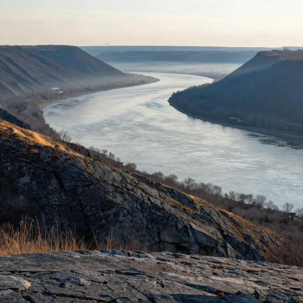 Hudson River bend with hazy blue hills and a distant bridge over a calm valley foreground.
