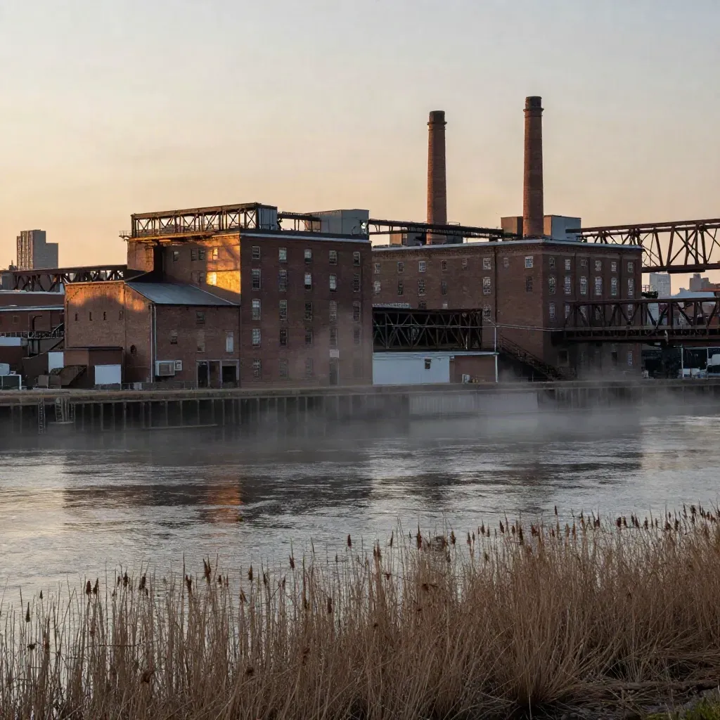 Golden-hour industrial river edge near Newark with brick mills, steel trestles and hazy water