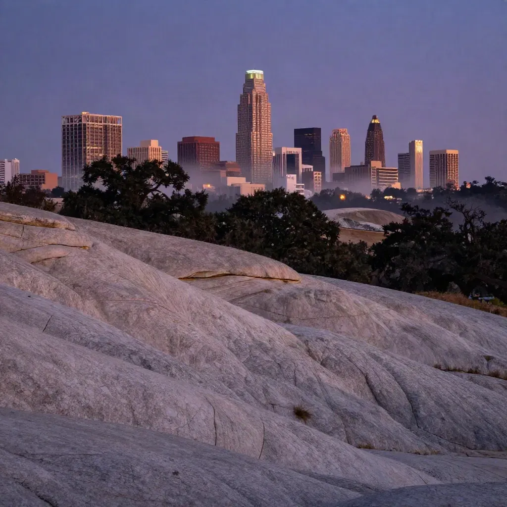 Austin skyline at violet dusk above limestone hills and live oaks, with calm open foreground.